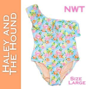 Haley and the Hound Citrus Swimsuit Large One Piece One Shoulder Ruffled NEW